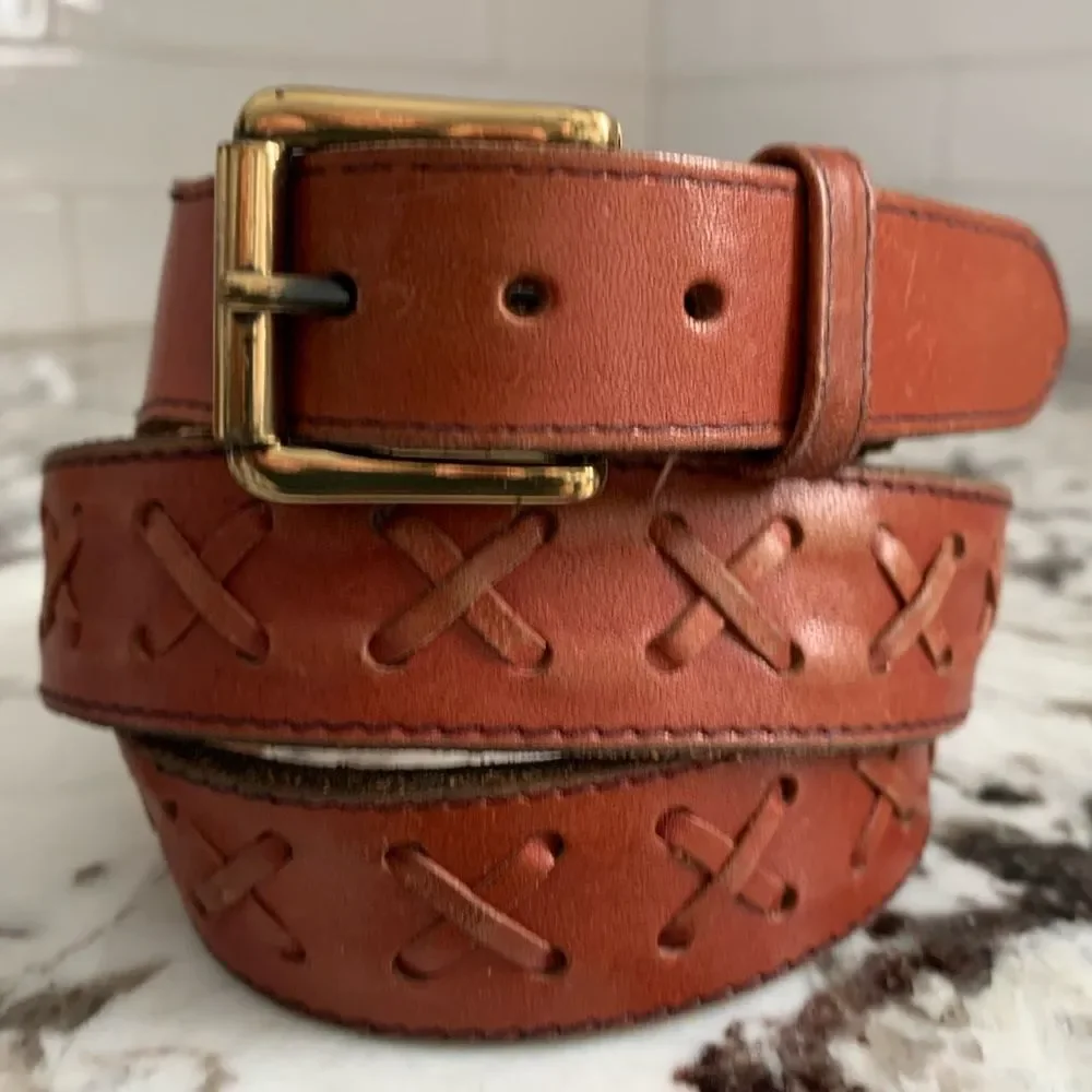 Oil Tanned Cowhide Belt - Decorative Repeated X Design - 38 Western Cowboy